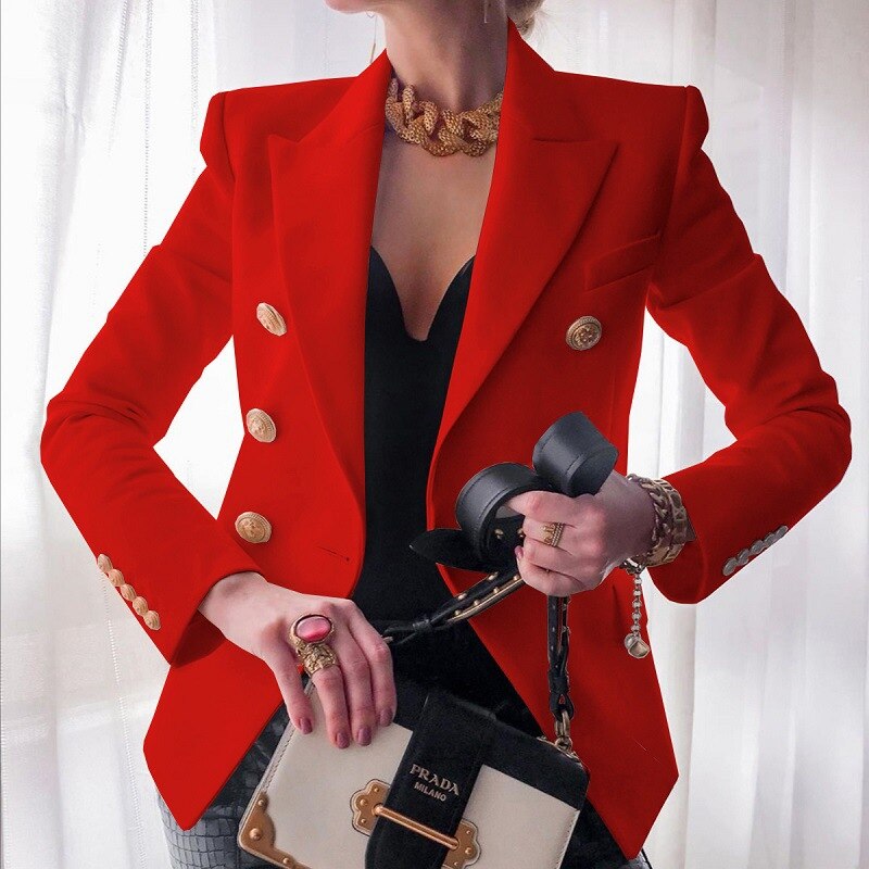 White Blazer Women Slim Elegant Blazers Jacket Women's Fitting Metal Lion Buttons Double Breasted Blazer Femme