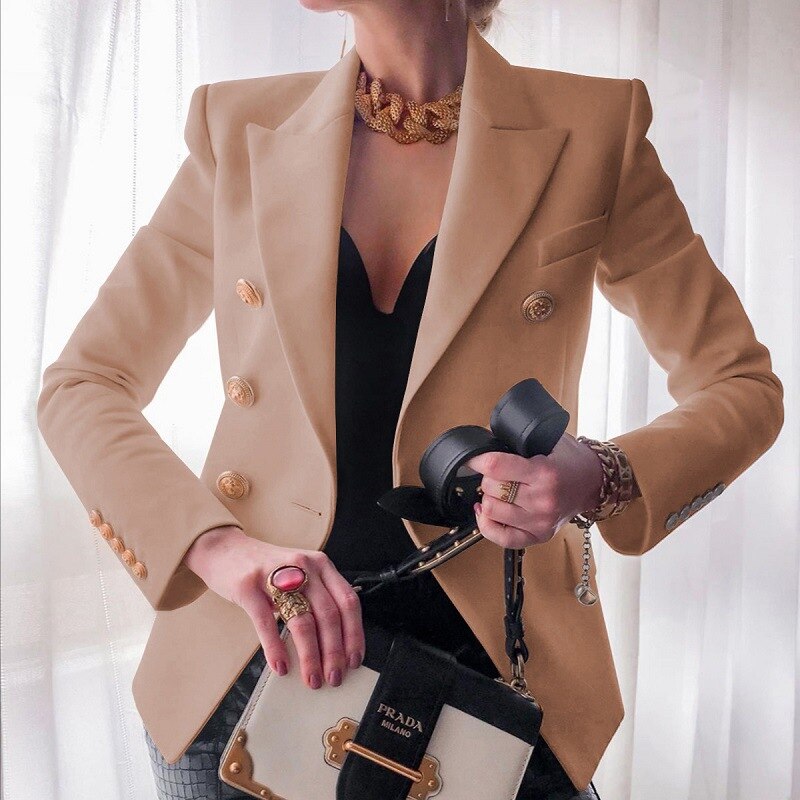 White Blazer Women Slim Elegant Blazers Jacket Women's Fitting Metal Lion Buttons Double Breasted Blazer Femme