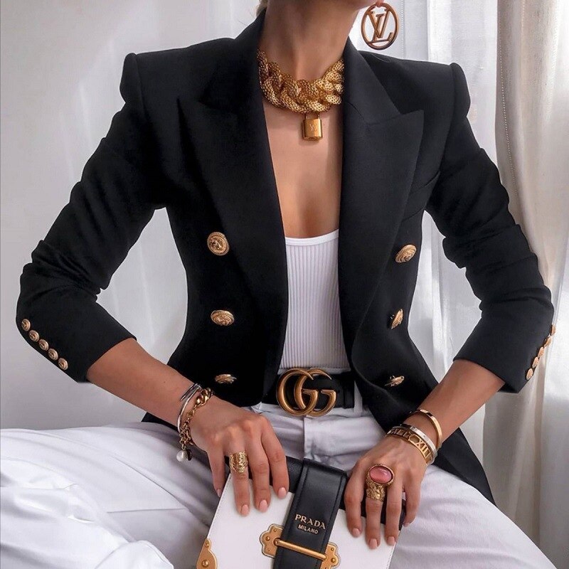 White Blazer Women Slim Elegant Blazers Jacket Women's Fitting Metal Lion Buttons Double Breasted Blazer Femme