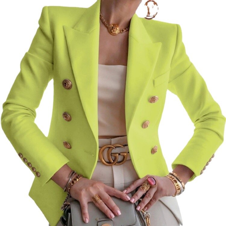 White Blazer Women Slim Elegant Blazers Jacket Women's Fitting Metal Lion Buttons Double Breasted Blazer Femme