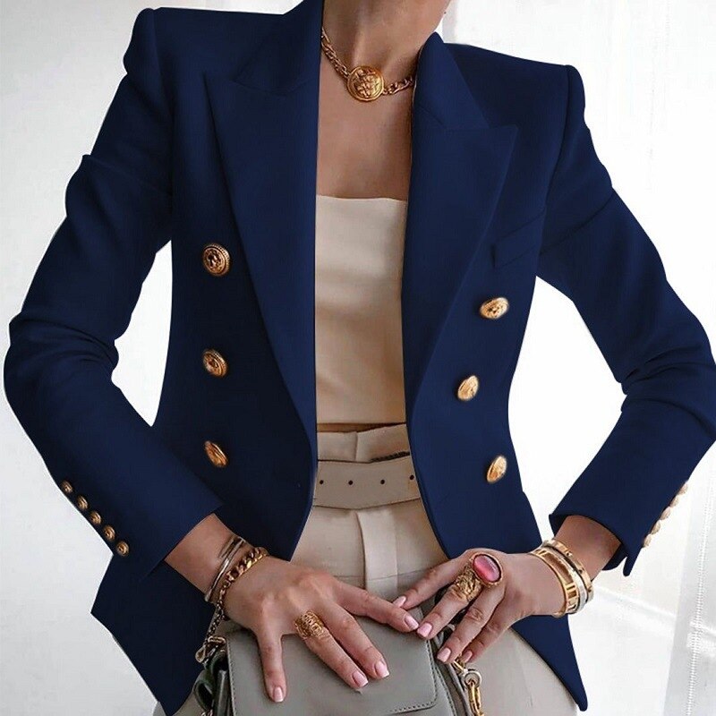 White Blazer Women Slim Elegant Blazers Jacket Women's Fitting Metal Lion Buttons Double Breasted Blazer Femme