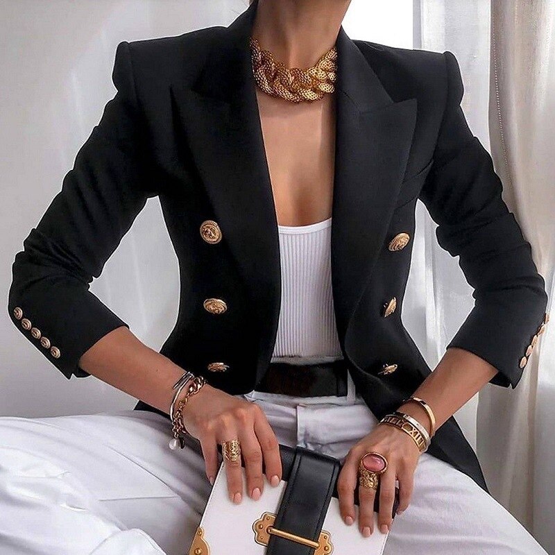 White Blazer Women Slim Elegant Blazers Jacket Women's Fitting Metal Lion Buttons Double Breasted Blazer Femme