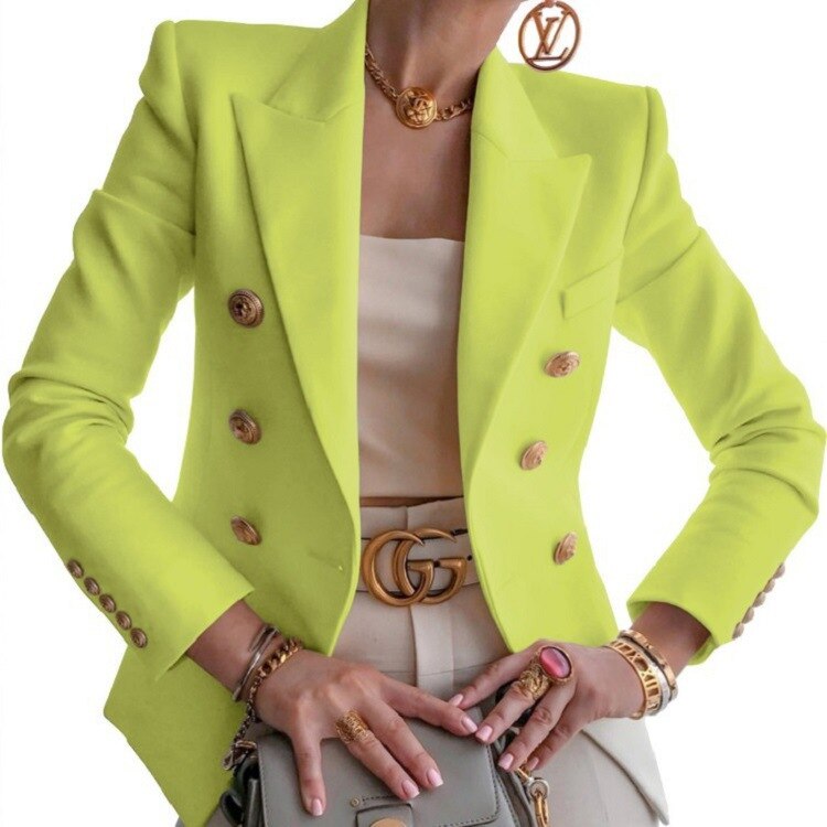 White Blazer Women Slim Elegant Blazers Jacket Women's Fitting Metal Lion Buttons Double Breasted Blazer Femme