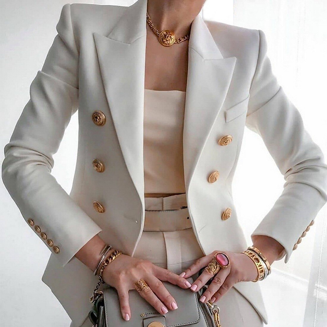 White Blazer Women Slim Elegant Blazers Jacket Women's Fitting Metal Lion Buttons Double Breasted Blazer Femme