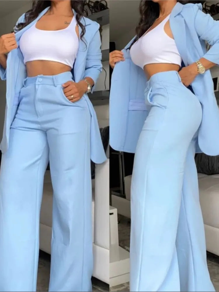 New Autumn Women's Fashion Solid Notched Collar Suit Two Piece Business Office Casual Elegant Womens Blazer Coat Trousers Set