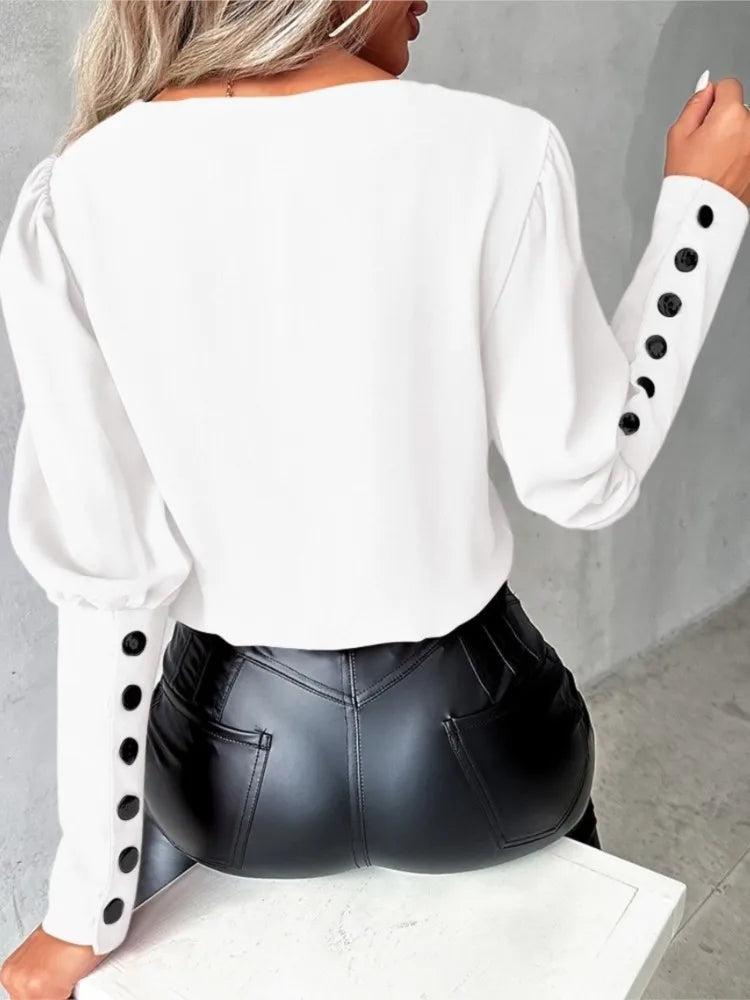 Fashion White Blouse Women 2024 Long Sleeve V Neck Casual Pullover Elegant Office Lady Pink Tops Shirts Femme