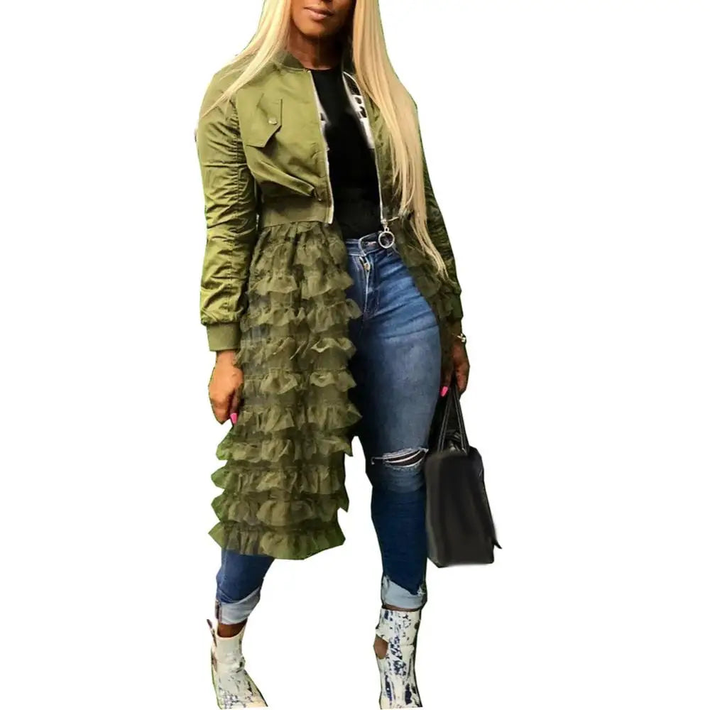 Women Autumn Fashion Zipper Long Sleeve Coat Jacket Lacework Mesh Midi Dress Coat