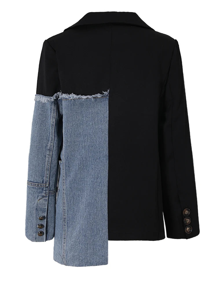 [EAM]  Women Blue Denim Irregular Casual Blazer New Lapel Long Sleeve Loose Fit Jacket Fashion Tide Spring Autumn 2024 1DH533905