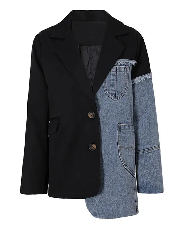 [EAM]  Women Blue Denim Irregular Casual Blazer New Lapel Long Sleeve Loose Fit Jacket Fashion Tide Spring Autumn 2024 1DH533905