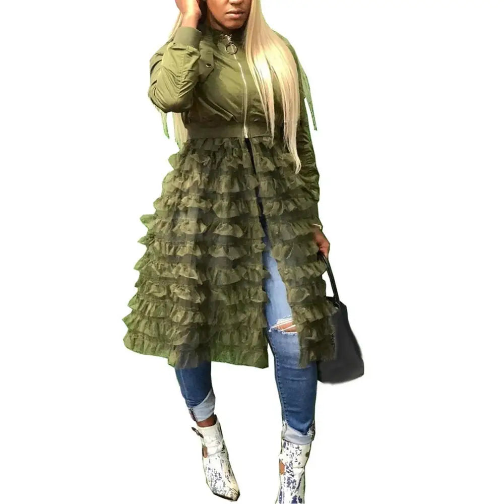 Women Autumn Fashion Zipper Long Sleeve Coat Jacket Lacework Mesh Midi Dress Coat
