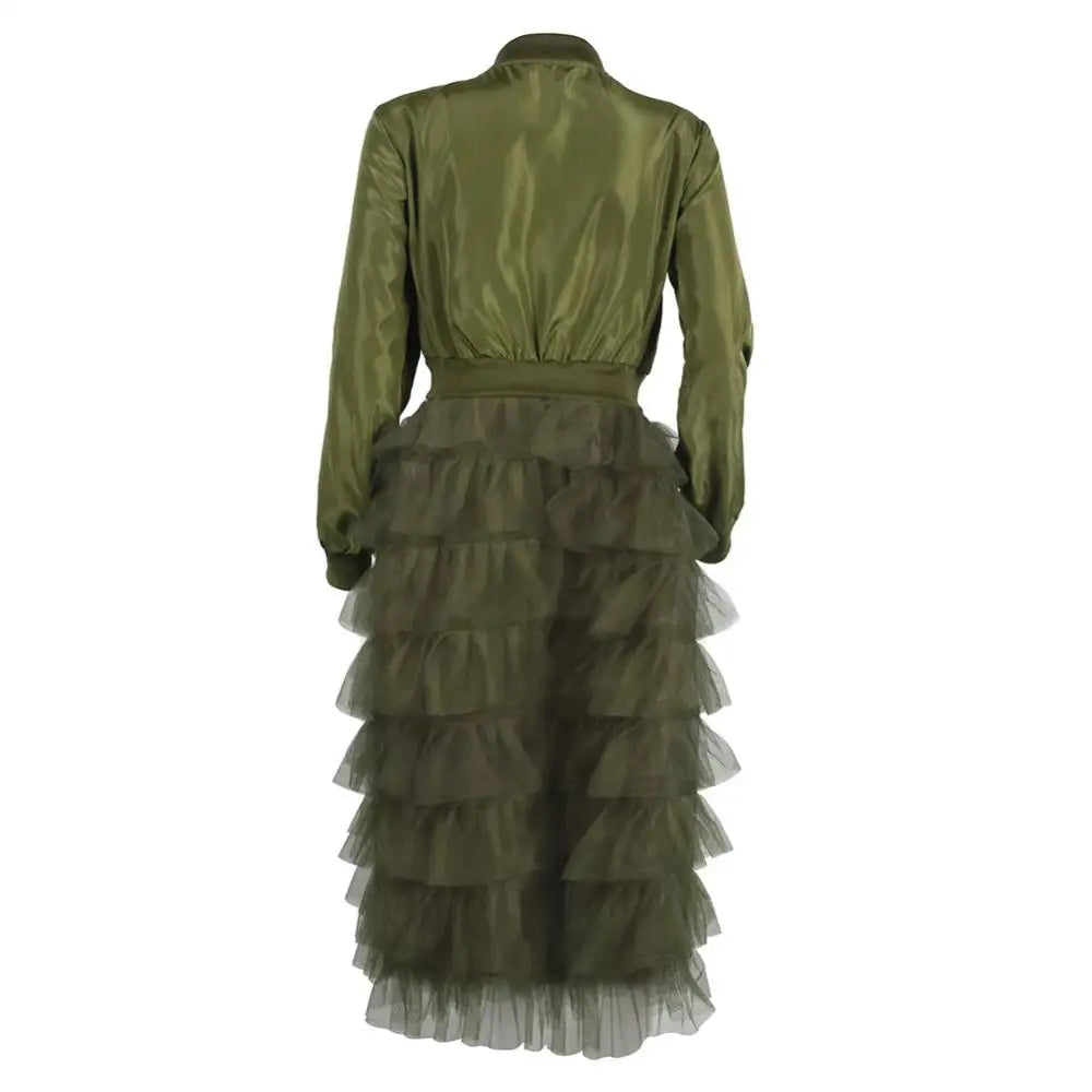Women Autumn Fashion Zipper Long Sleeve Coat Jacket Lacework Mesh Midi Dress Coat