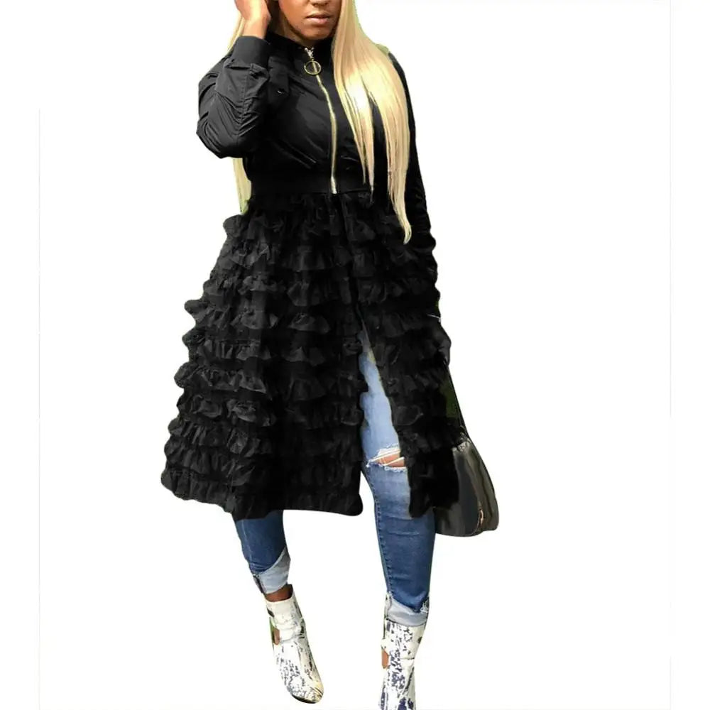 Women Autumn Fashion Zipper Long Sleeve Coat Jacket Lacework Mesh Midi Dress Coat