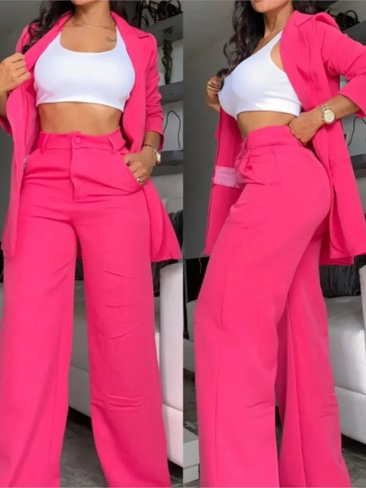 New Autumn Women's Fashion Solid Notched Collar Suit Two Piece Business Office Casual Elegant Womens Blazer Coat Trousers Set