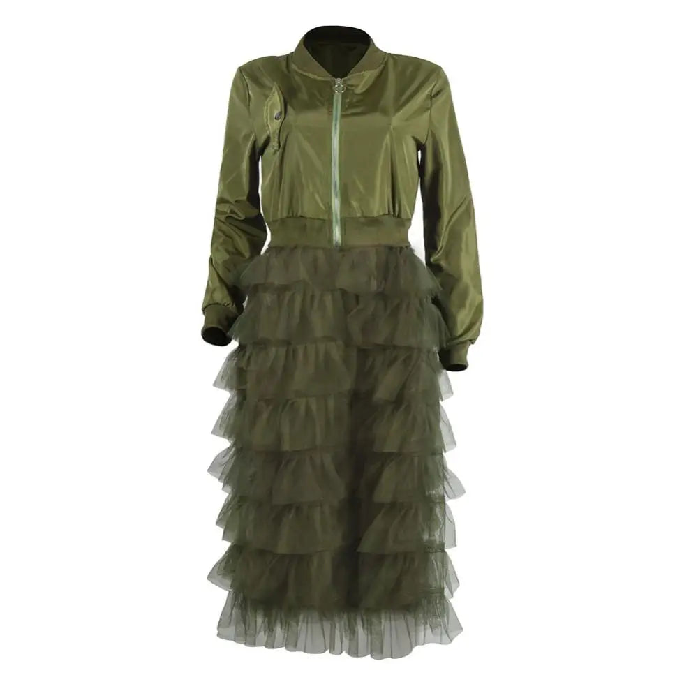 Women Autumn Fashion Zipper Long Sleeve Coat Jacket Lacework Mesh Midi Dress Coat