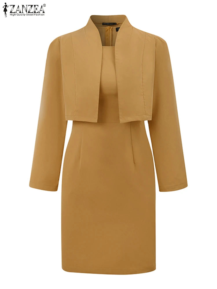 2PCS Women Elegant Work Matching Sets ZANZEA Female Blazer Solid Slim Dress Sets Spring Office Outwear OL Outfits Tracksuits