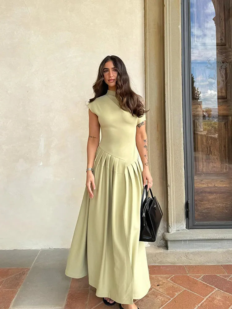 Diagonal Collar Knit Patchwork Maxi Dress For Women Elegant Short Sleeve Pleated A-line Dresses 2024 Summer Lady Streetwear Robe