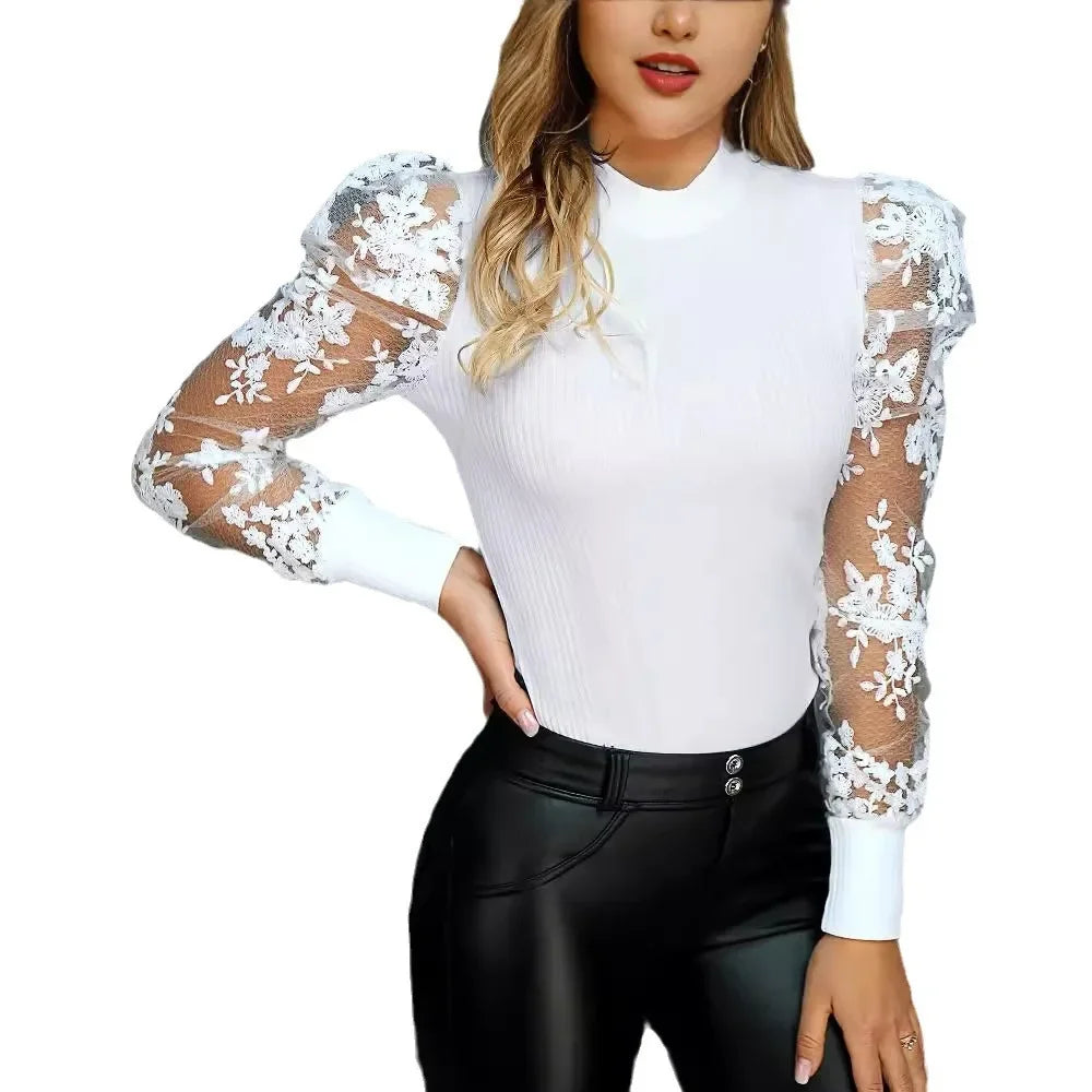 Women's Clothing White Mesh Jacquard Stitching Knitted Top Blouse O Necl Long Sleeve Fashion Lace