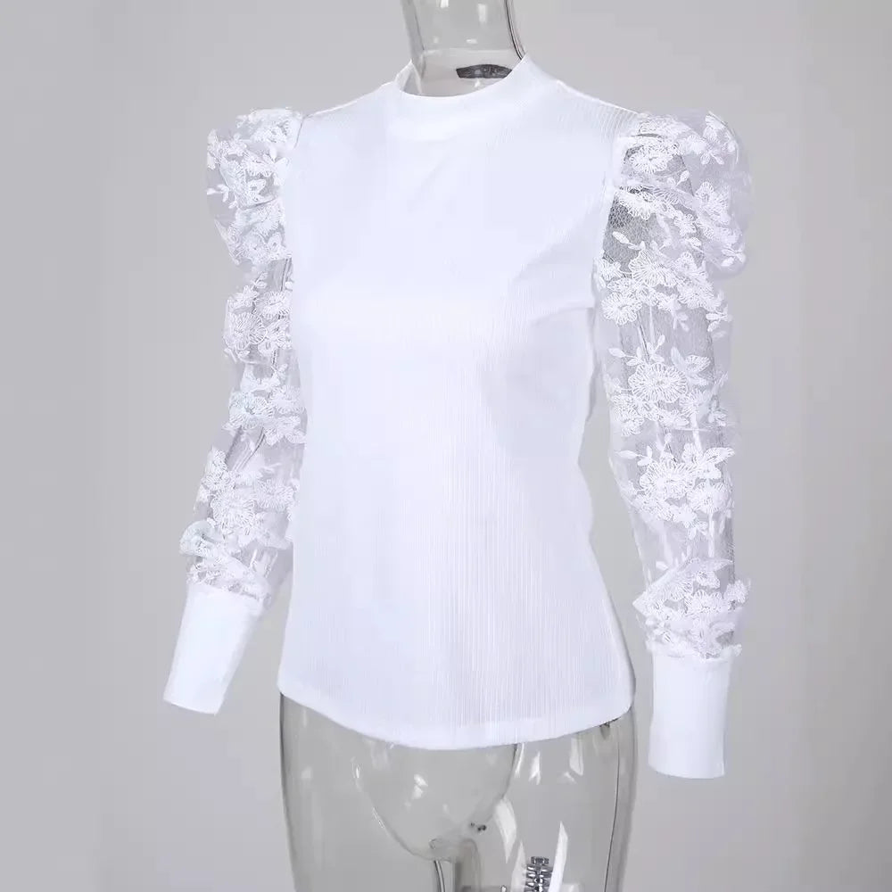 Women's Clothing White Mesh Jacquard Stitching Knitted Top Blouse O Necl Long Sleeve Fashion Lace